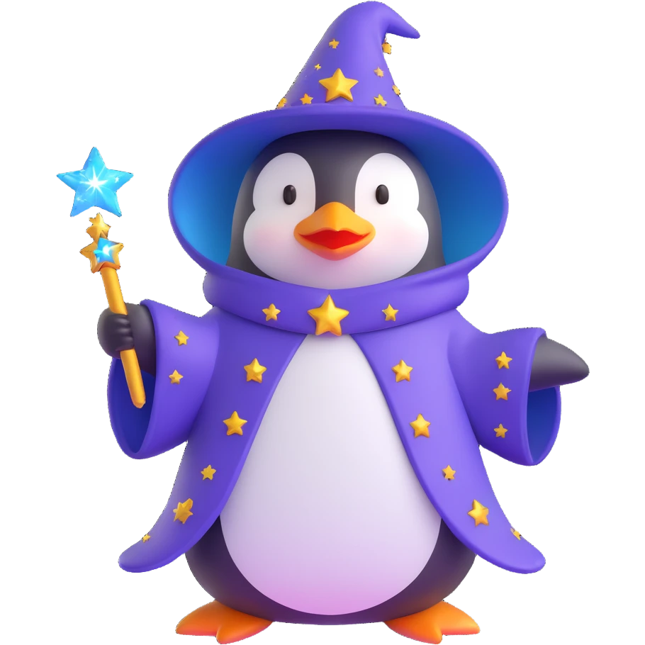 3D emoji of a penguin wizard with a starry cloak and magical sparkles emoji