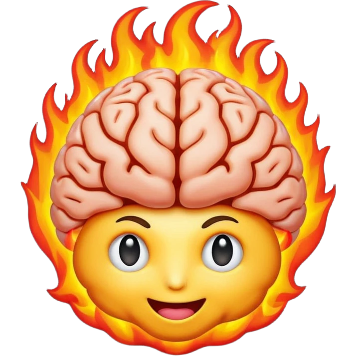 high-contrast emoji of a brain with vivid flames, representing intense passion and discovery, compact, vibrant, optimized for emoji size emoji