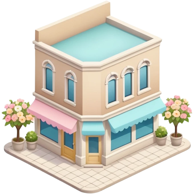 isometric exterior little beige and white shop with abundant pastel florals everywhere emoji