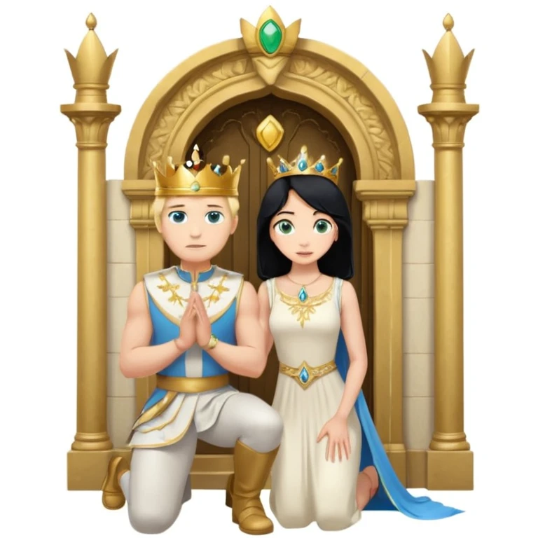 Man as king, standing, black Hair, blue eyes, woman, blonde, green eyes, shott white sleveless Dress, kneeling, background palace emoji