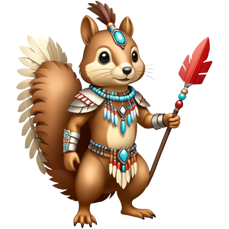Full body Robotic squirrel wearing native American regalia with feathers and beads and a arrowhead emoji