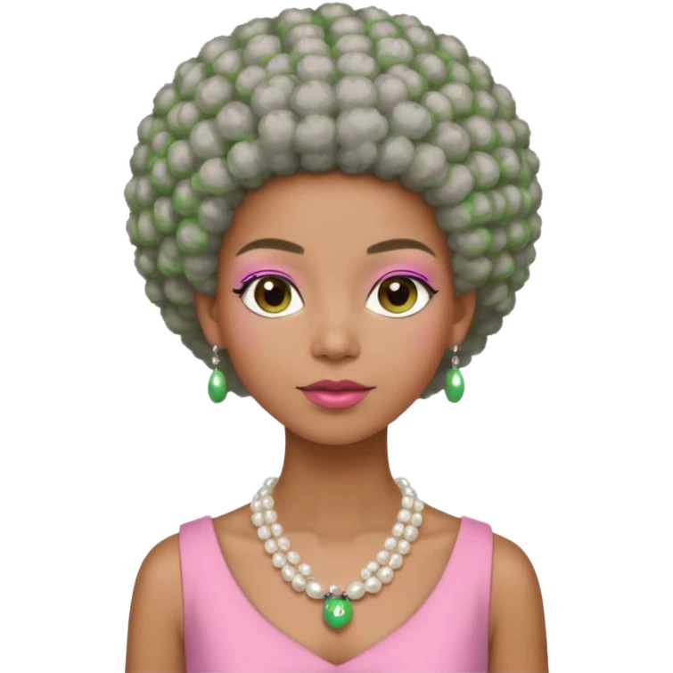 Brown woman with very short stylish gray Afro  wearing pink and green dress  and pearl necklace  emoji