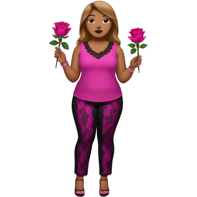 A plus-size Black woman with long, straight, light brown hair is wearing a fuchsia sleeveless shirt and black lace pants. She is standing with fuchsia-painted nails and is holding a rose. emoji