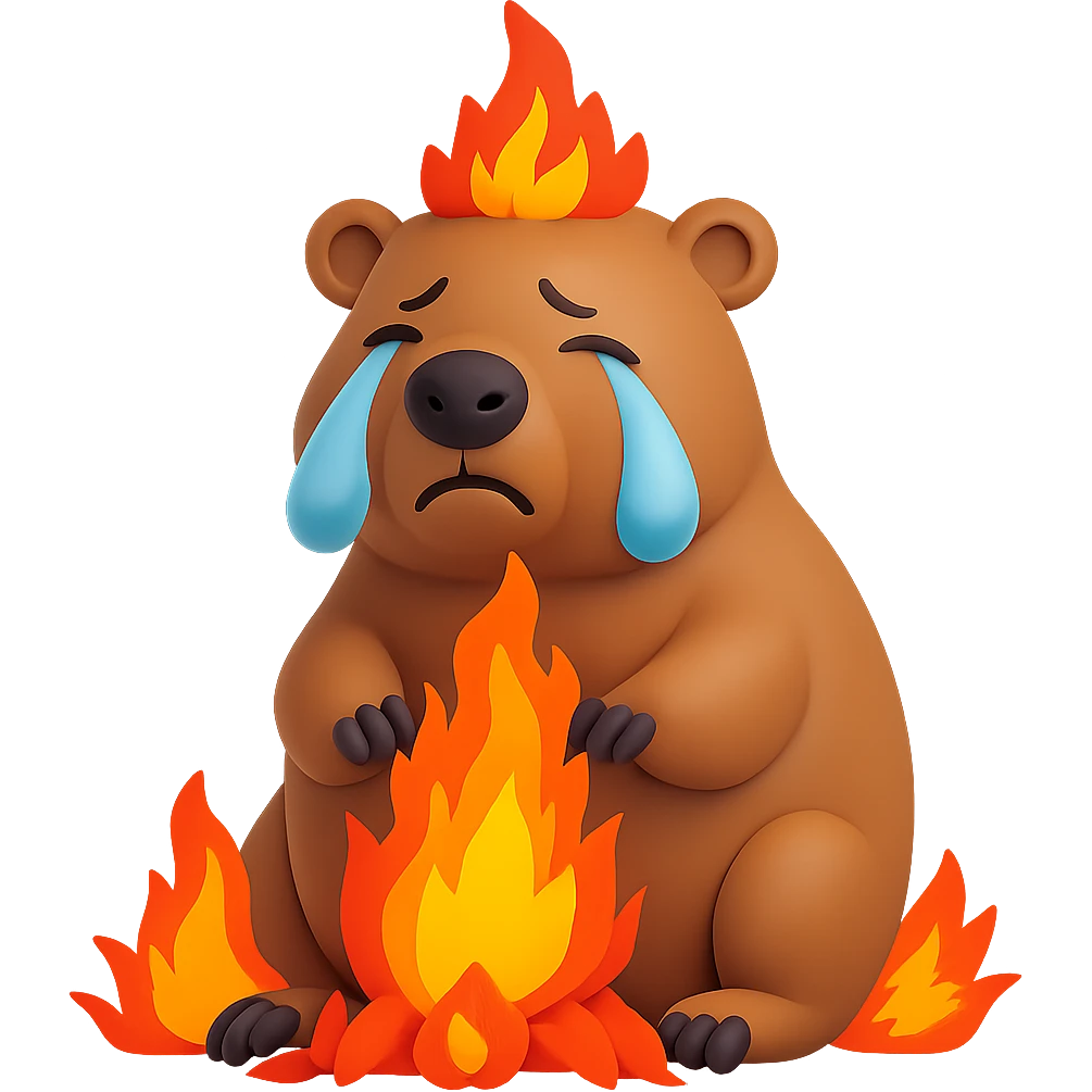 crying capybara, a fire around, 3d-emoji style emoji