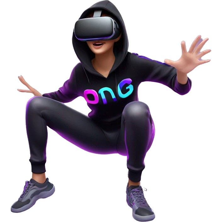 Russian girl wearing black hoody with violet letters "OMG", in vr headset oculus quest2. jumping. Cyberpunk style. Violet neon. emoji
