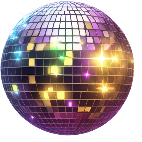 cute disco ball with sparkles around the top right and bottom left emoji