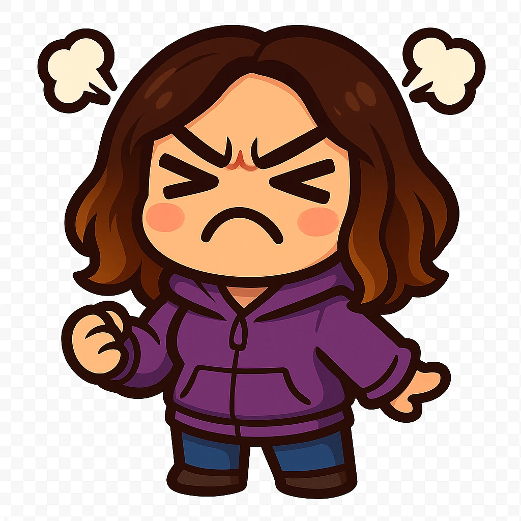 Sticker style chibi emote, matching the attached green heart emote as a base. Woman from reference, purple hoodie and blue jeans, angry with steam puffs, cute angry face, no headband, no wand, transparent background. Top color should not match jeans. emoji