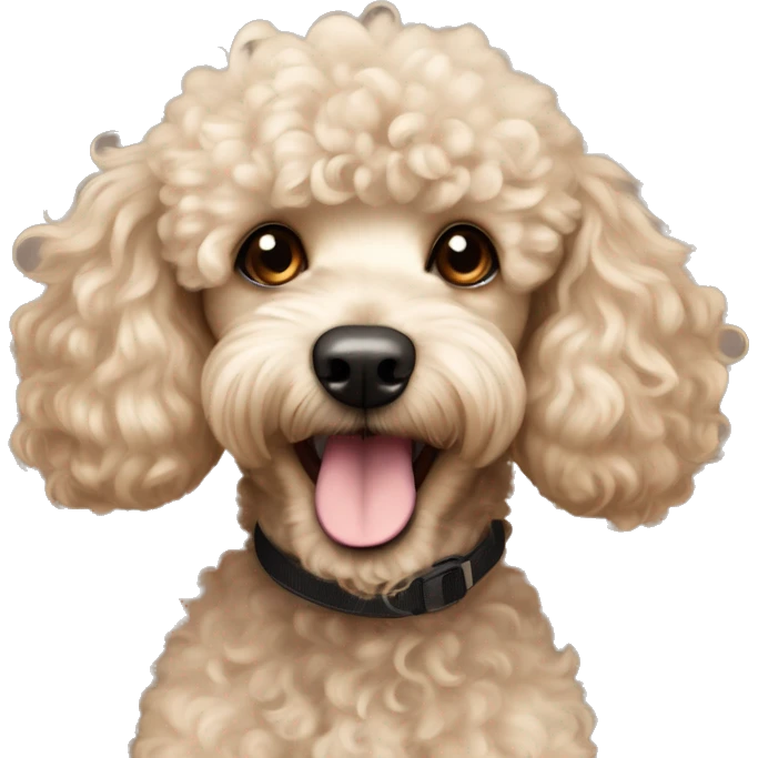 Cute young cocker poodle mix in beige and curly fur happy face  emoji