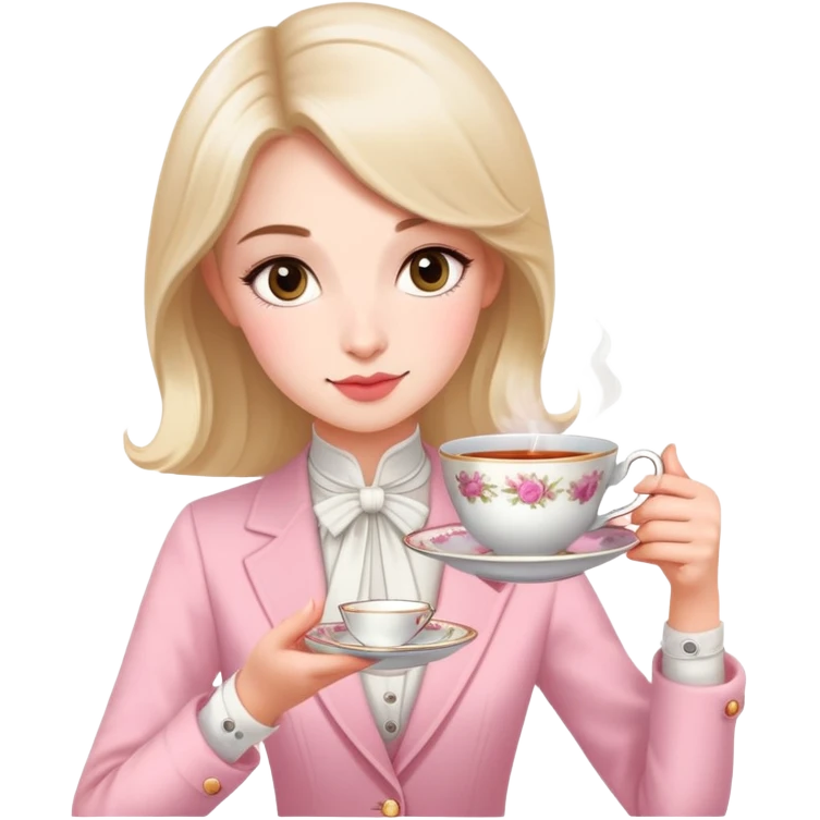 British girl elegantly holding teacup with one hand, pinky slightly raised, proper tea etiquette emoji