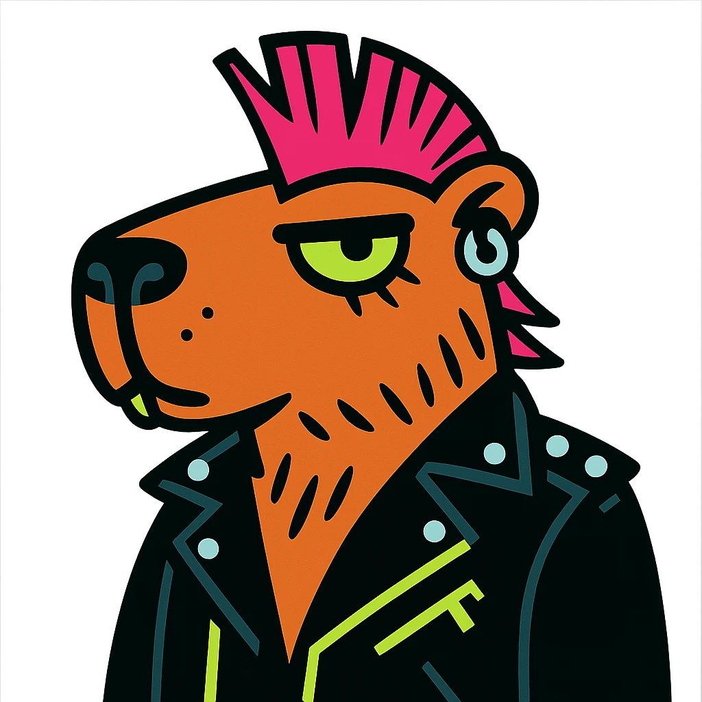 Chigüiro Punketo, a capybara with a punk style: mohawk, piercings, leather jacket, attitude, black and neon color palette emoji