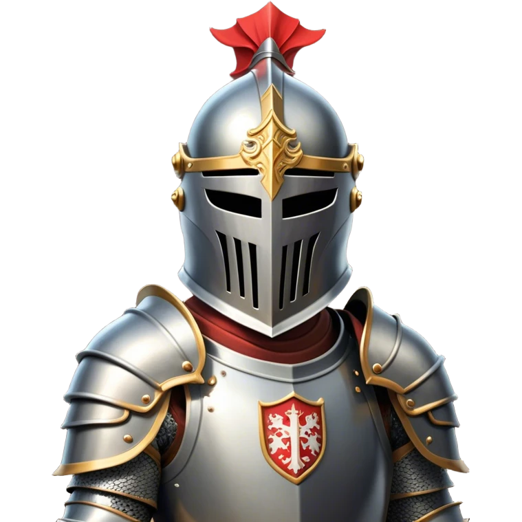 Clash of Clans aesthetic: Cinematic heroic Armored Knight Hero close up Emoji, rendered in a 3D vector-style similar to standard emojis with minimal shading and bold, simplified shapes. A compact, isometric warrior clad in gleaming plate armor with intricate heraldic details, softly glowing with a chivalrous medieval charm. Simplified yet unmistakably iconic, highly detailed and consistent, glowing with a soft radiant shine and high polish. Stylized with a touch of noble valor and a soft glowing outline, wearing a full face helm so that no face is visible with only eyes visible, capturing the essence of a gallant knight ready for honorable battle with a friendly, playful manner! emoji