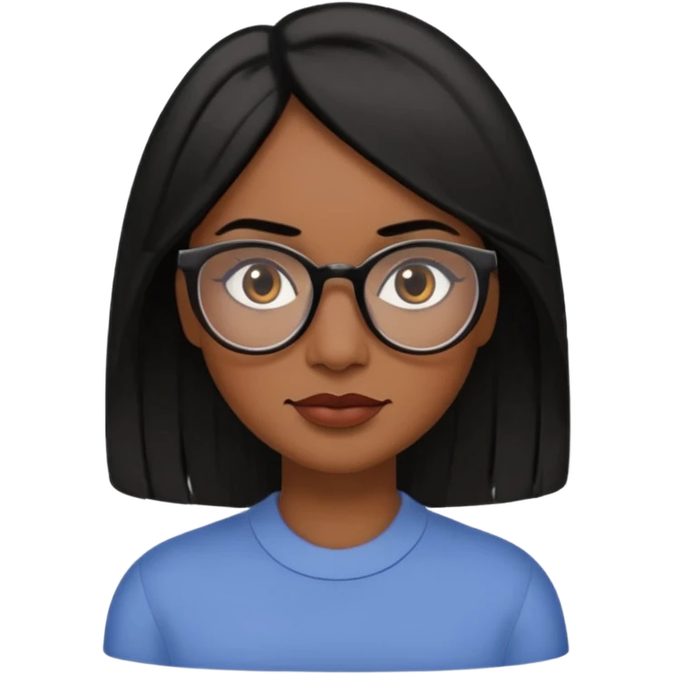 A 30 year woman emoji with medium-dark skin, straight shoulder-length black hair parted to the side, an oval-shaped face, arched dark eyebrows, large brown eyes with glasses, a small nose, and natural-toned lips. emoji