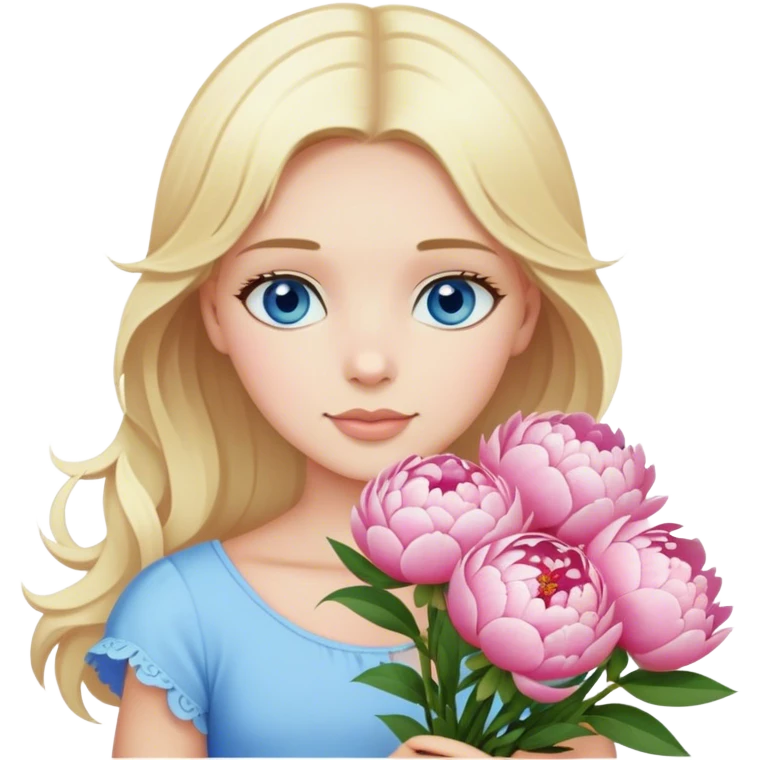 Girl with blond hair blue eyes beautiful finish and holding a bouquet of peonies emoji