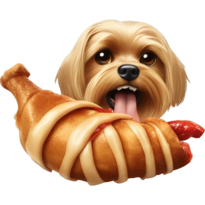 Evil Yorkie eating a giant chicken leg emoji