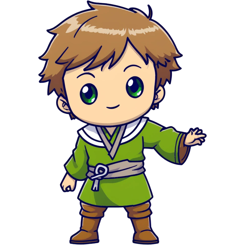 Young Rudeus Greyrat chibi, big green eyes, round face, messy light brown hair, wearing a tunic, cute and curious anime style emoji