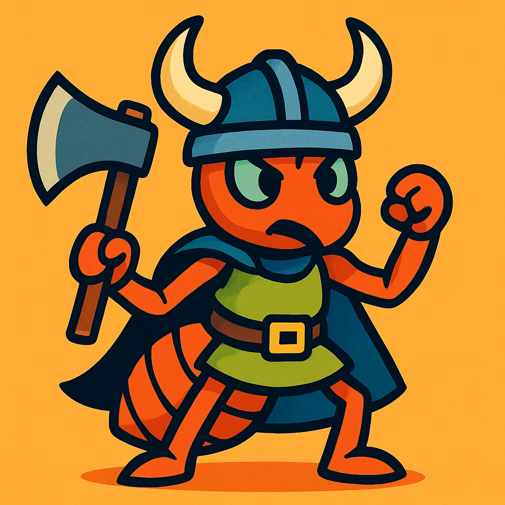 viking warrior ant, horned helmet, axe, bold lines, vibrant colors emoji