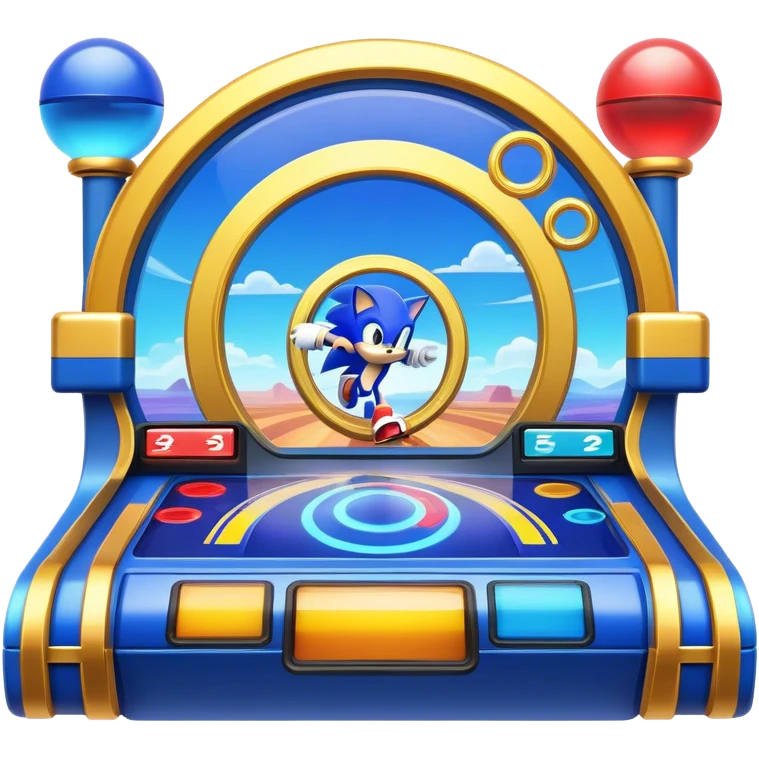 An icon representing an arcade game interface, inspired by Sonic. The design features colorful platforms, loops, and rings, with Sonic racing through a vibrant landscape. The iconic HUD elements, like score and timer, are visible. A transparent background. emoji
