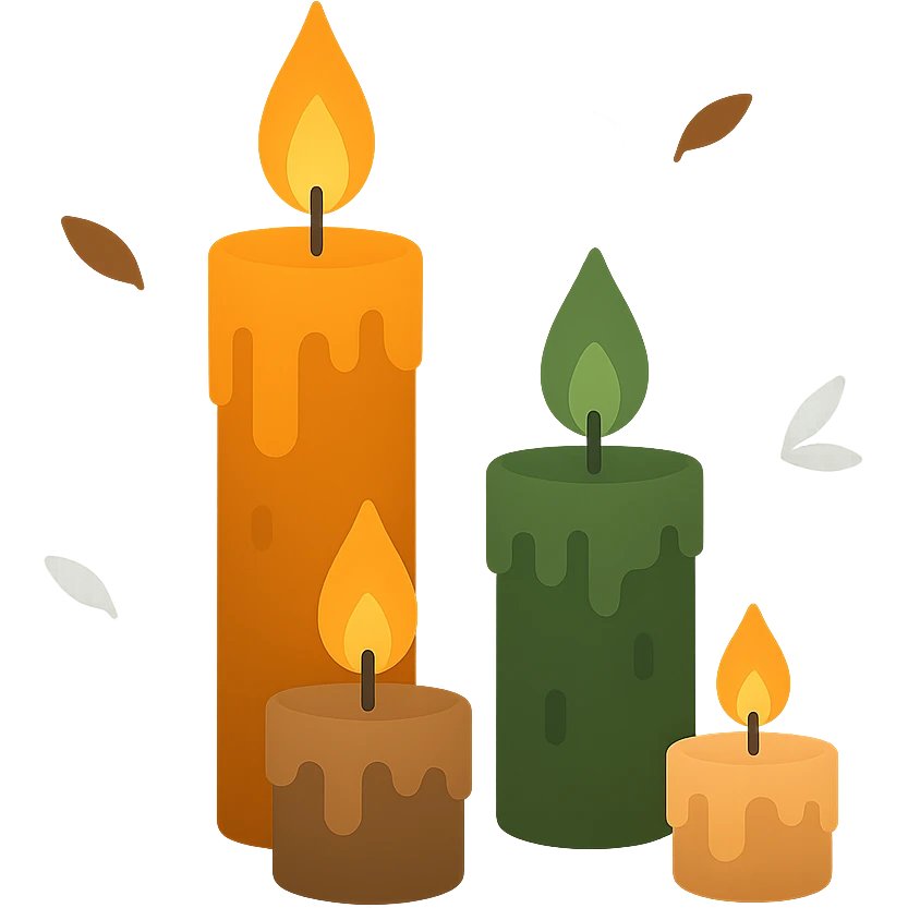 A set of slightly eerie, glowing wax candles with flickering flames, designed in a warm yet mysterious color palette: golden orange (FA9B41), deep forest green (4A7C5C), muted taupe brown (96775A), and soft pastel peach (FFCC9A). The candles are worn, with slightly uneven wax drips and an aged appearance, casting soft, flickering shadows. The flames glow in shades of soft orange and warm yellow, creating a haunting yet inviting atmosphere. The background is dark, with subtle mist or floating leaves around the candles, enhancing a slightly gothic, mysterious vibe. The overall scene has an enigmatic and cozy feel, combining warmth with an underlying sense of intrigue. emoji