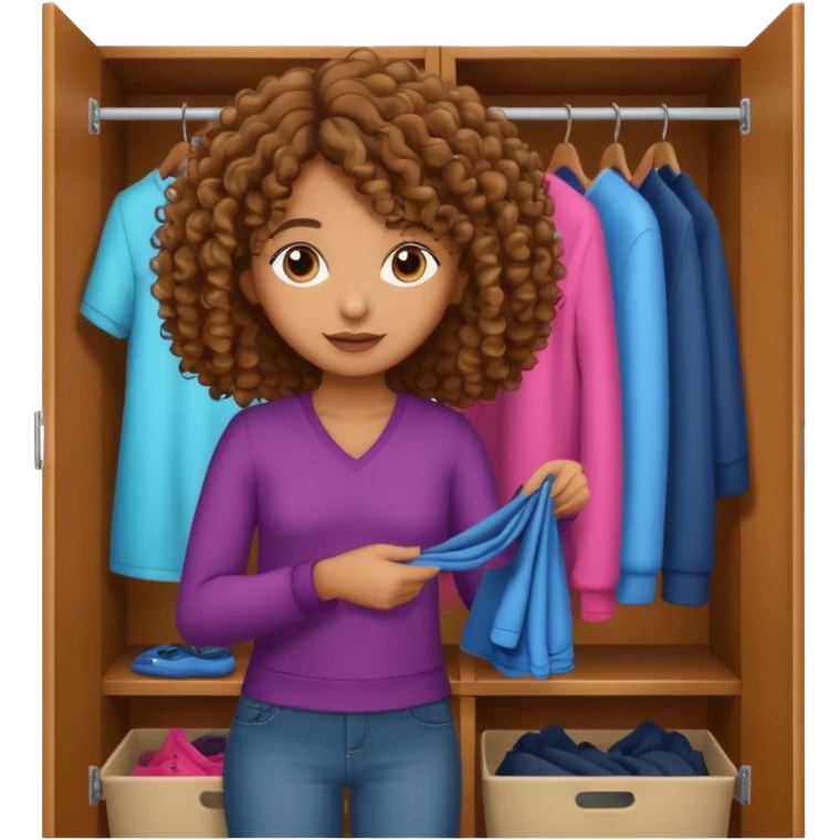 brown girl with curly hair picking clothes from closet emoji
