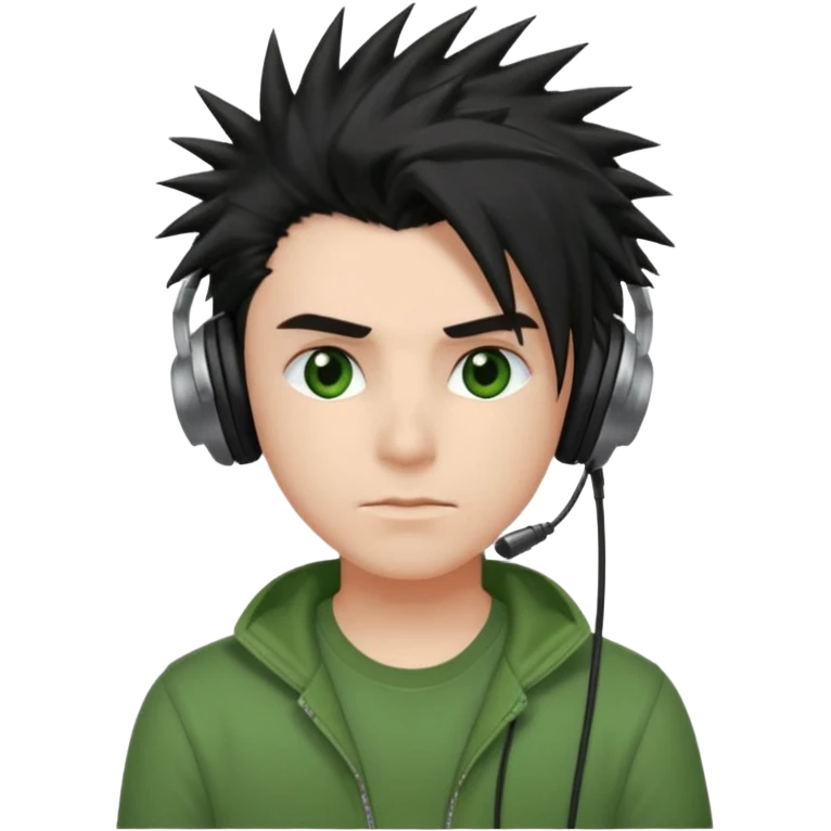 chico pelo medio largo ojos rojos y una camisa verde pelo tipo spike y unos audifonos pelo negro y mas voñuminoso emoji