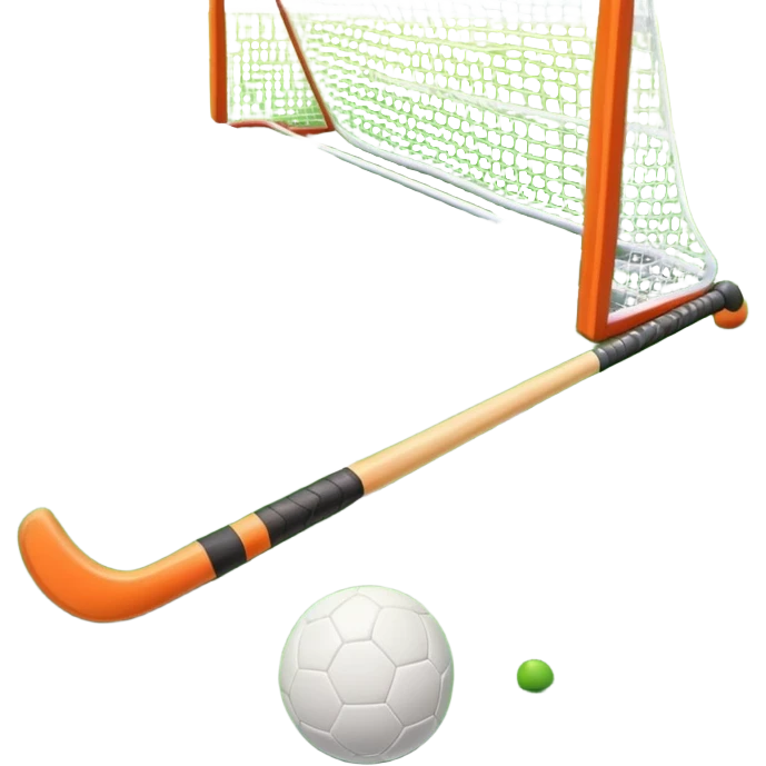 A field hockey stick and ball on a vibrant green grass field, with goalposts and clear field markings in the background. The scene emphasizes the bright, lush grass, highlighting the fast-paced and strategic nature of hockey on a well-maintained pitch. emoji