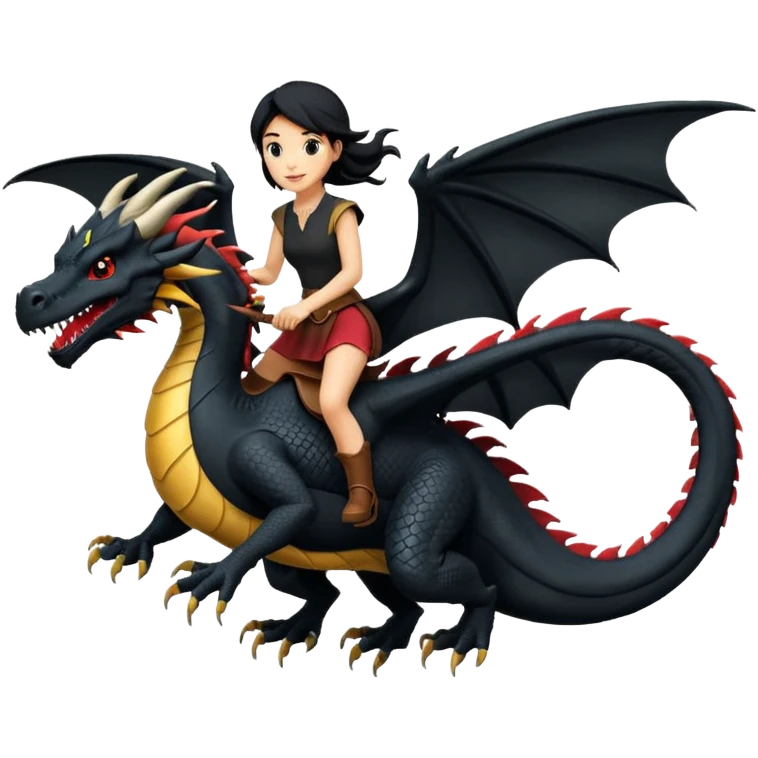 Super large black dragon flying with a  female rider on top of it emoji