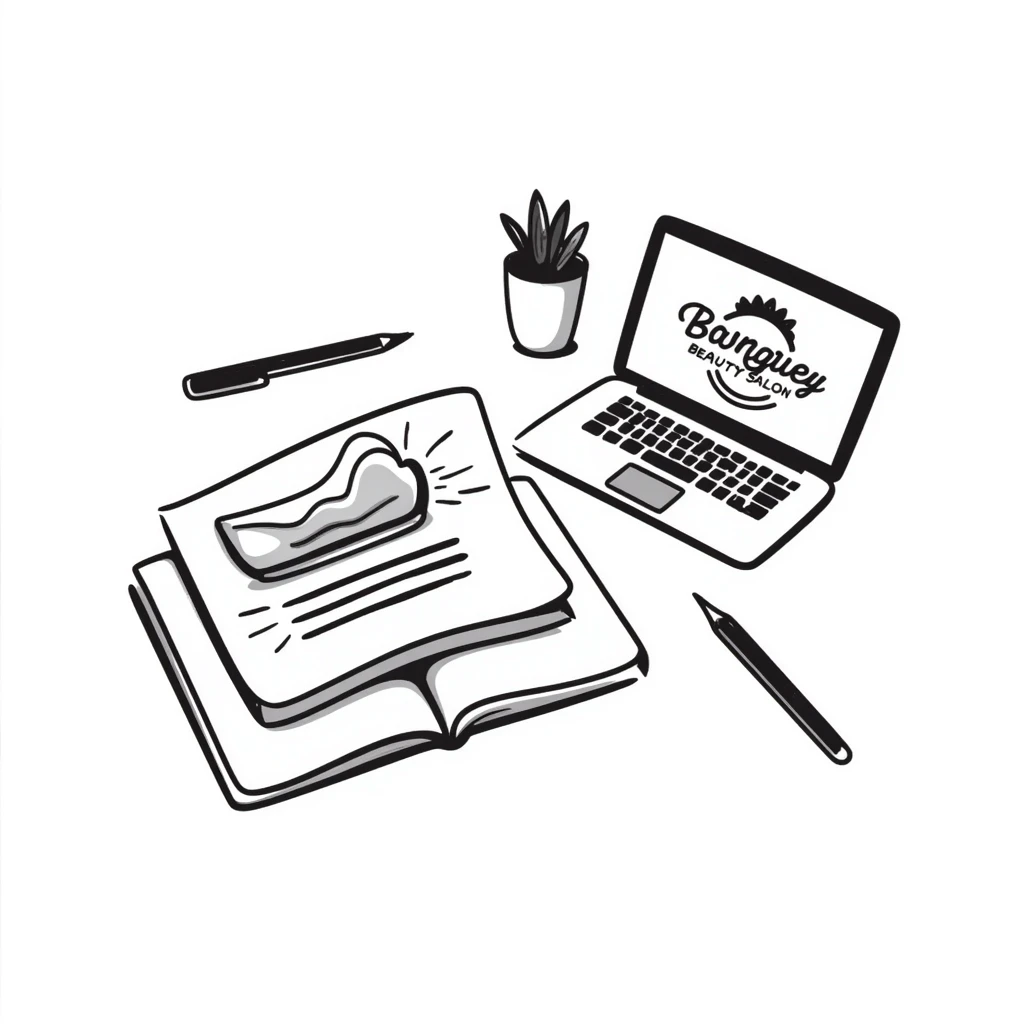 top view of a MacBook with a beauty salon logo on the screen, a notebook with one page filled with notes, and a pen laying on the notebook emoji