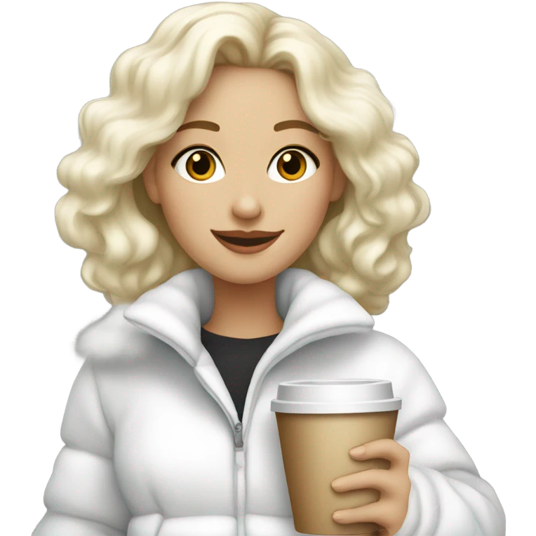 blonde girl wearing white fluffy jacket and a coffee to go in hand all dress white and a white bow on hair emoji