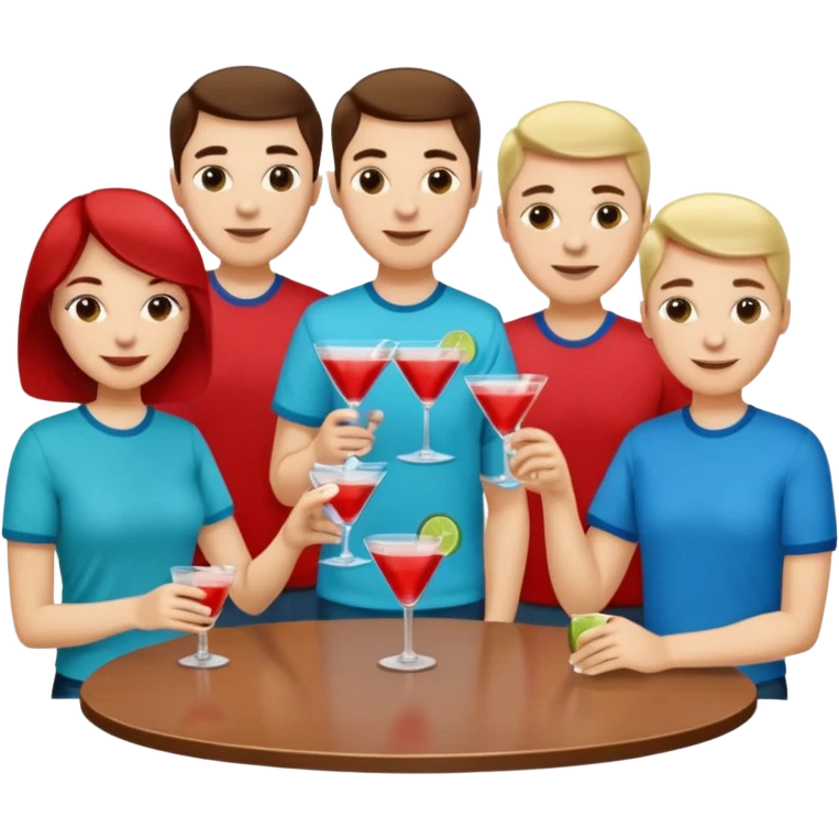 A large crowd of adults in casual clothing with red, aqua and blue shirts with drinks chatting at an afterwork meeting emoji