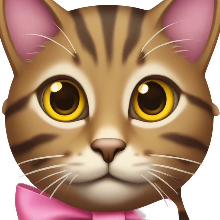 brown tabby cat with yellow eyes and pink bow emoji