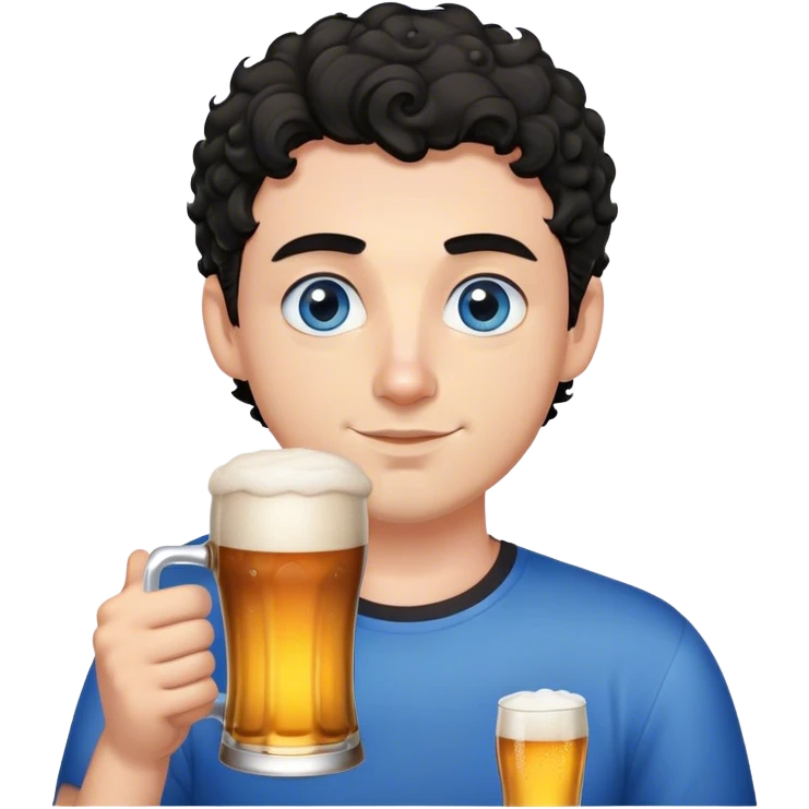 white guy thick eyebrows blue eyes with short curly black hair holding beer emoji
