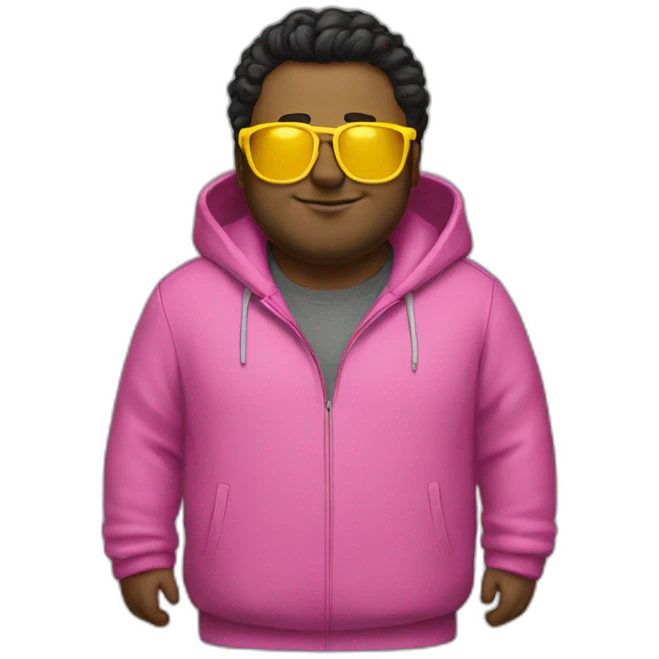 plus-sized man with dark hair, yellow long jacket and pink glasses emoji