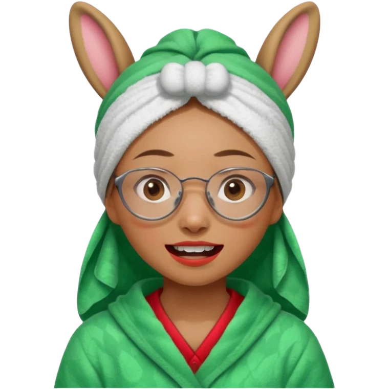 Asian woman who has a big rabbit front teeth wearing a green towel in her head with a broken glasses on her face in red pajamas emoji