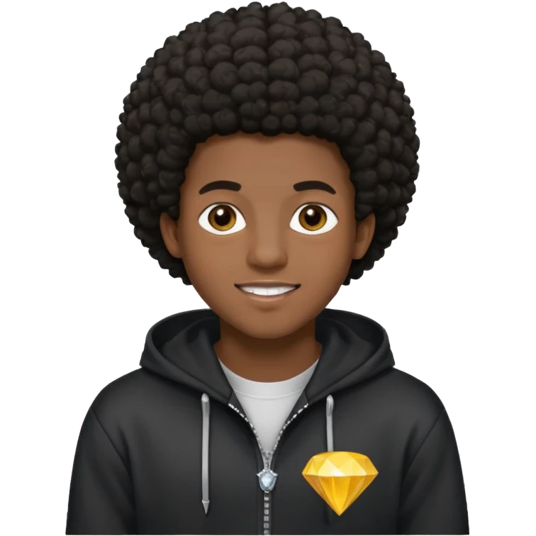 Black young guy who haves afro haircut ,zip hoodie and with a diamond grillz in her tooth emoji