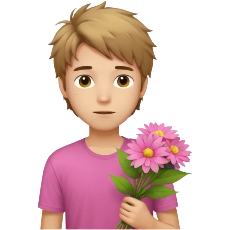 generate an ios genmoji of a 20 year old fair boy with brown long and messy hair with stubble on cheeks. carrying a pink flower bouquet, wearing a yellow tshirt, looking shy emoji