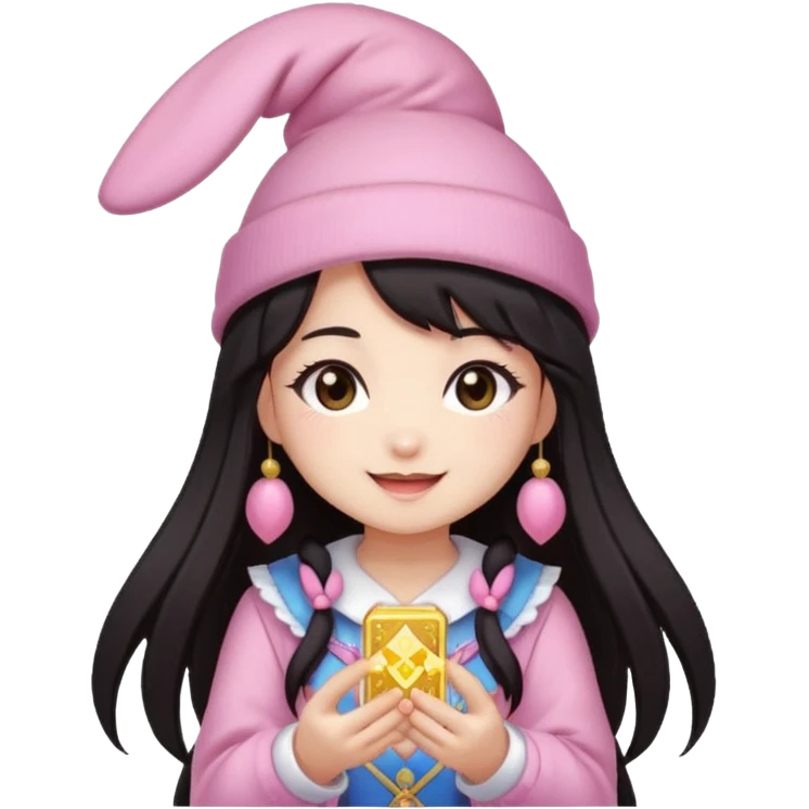 pixel art chibi asian girl with dark long hair in pink bunny hat magical girl with kawaii tarot cards thrown in air pixel emoji emoji