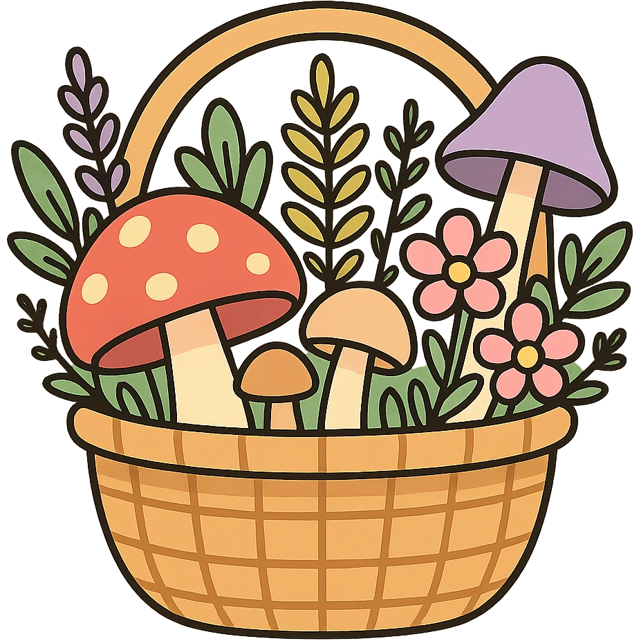 basket full of forest goodies including mushrooms, herbs, flowers in soft pastel colors, vibrant-toon style emoji