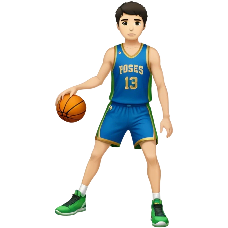 Full Body  white male basketball player with short shaggy dark hair and  close shave gold tee  wearing blue and green uniform emoji