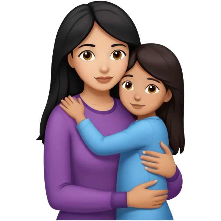 Hispanic mother with black hair hugging daughter with straight brown hair hugging emoji