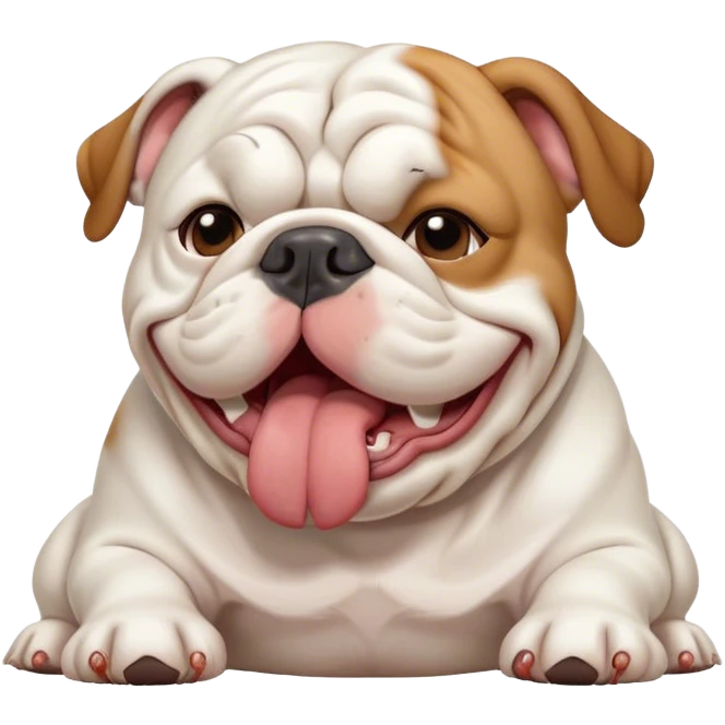 Cinematic Cute Yawning White English Bulldog Portrait Emoji, Head tilted slightly with a dramatic, wide-open yawn, showcasing a smooth, pristine white coat, floppy ears slightly drooping, round brown eyes barely open in drowsy contentment, Simplified yet irresistibly adorable features, highly detailed, glowing with a soft, cozy glow, high shine, relaxed yet expressive, stylized with a touch of whimsy, bright and endearing, soft glowing outline, capturing the essence of a sleepy yet affectionate guardian, so drowsy it feels like it could stretch out of the screen and curl up for a nap! emoji