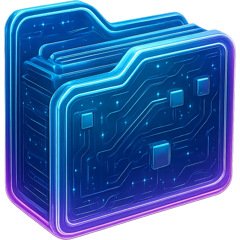 Make this cyberpunk folder icon look thick and full, as if it is packed with files. Keep the glowing neon blue and pink edges, circuit patterns, and transparent background. The folder should appear three-dimensional, solid, and visually full, while maintaining the same futuristic, clean style. emoji
