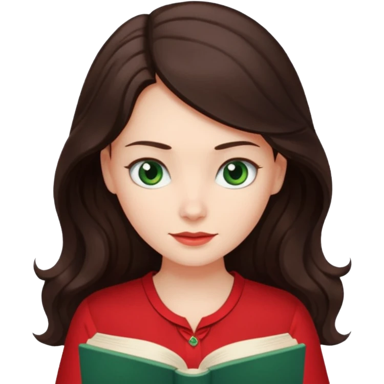 Long wavy dark brown haired, white skinned, dark green eyed girl in red blouse reading a book with a white background  emoji