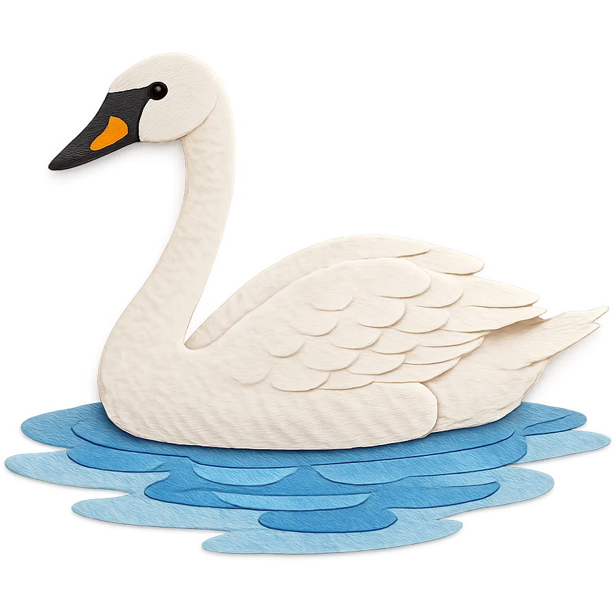 very detailed tundra swan swimming in water, intricate cut paper textures, white feathers, black beak with yellow spot, blue water reflections emoji