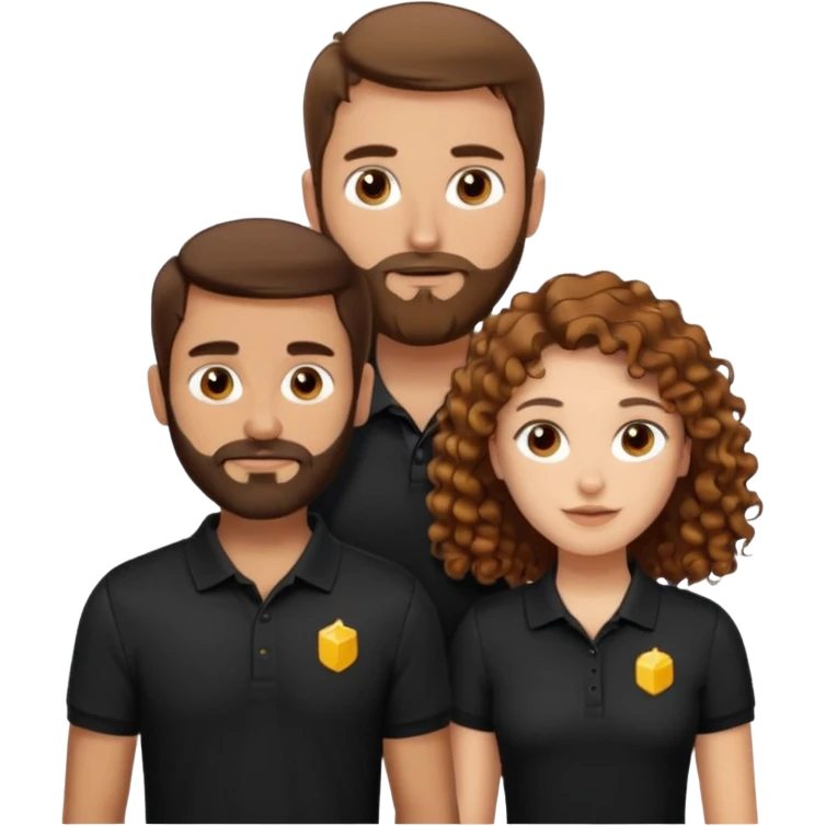 Criar Casal - Homem branco de cabelo liso e olhos marrom, com barba, camiseta polo preta e mulher de pele branca cabelo cacheado marrom longo e olhos mel emoji