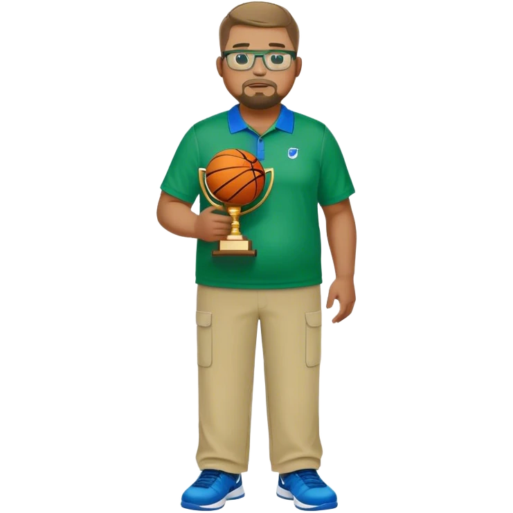  full body white obese male basketball coach with trophy. Goatee , Wearing glasses and blue and green nike polo shirt and khaki pants emoji