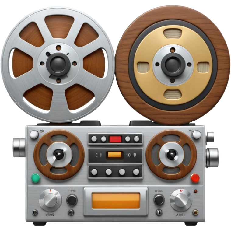 3D render of Reel-to-Reel, vintage 1980s audio equipment aesthetic, tactile analog buttons, silver metallic face with two large brown magnetic tape wheels, mixed wood grain and brushed aluminum textures, Apple emoji style, isolated on white background --v 6.0 emoji