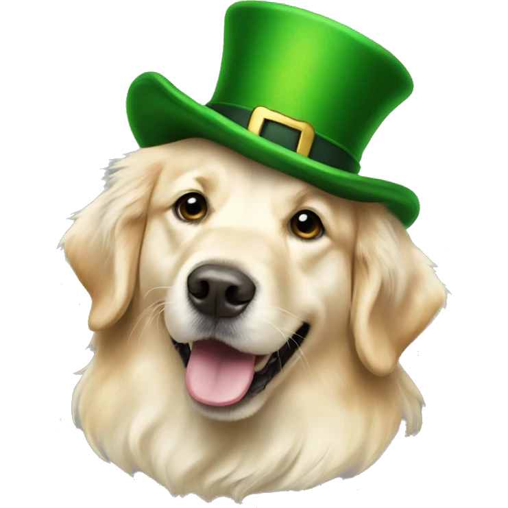 English cream golden retriever wearing a leprechaun hat emoji