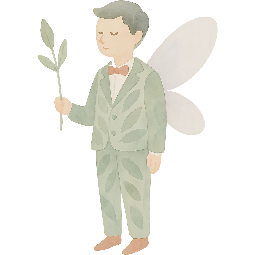 watercolor art illustration of a whimsical fairy groom in a leafy suit, calm pastel colors, white background, designed for sticker printing emoji