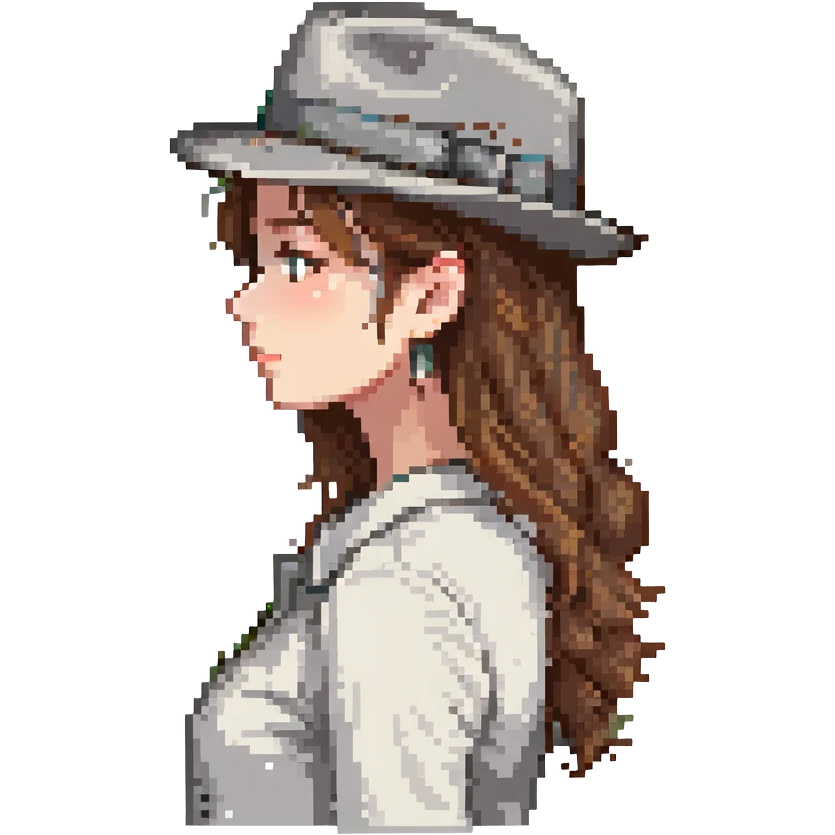 pixel art, girl with brown hair, grey fedora, side profile emoji