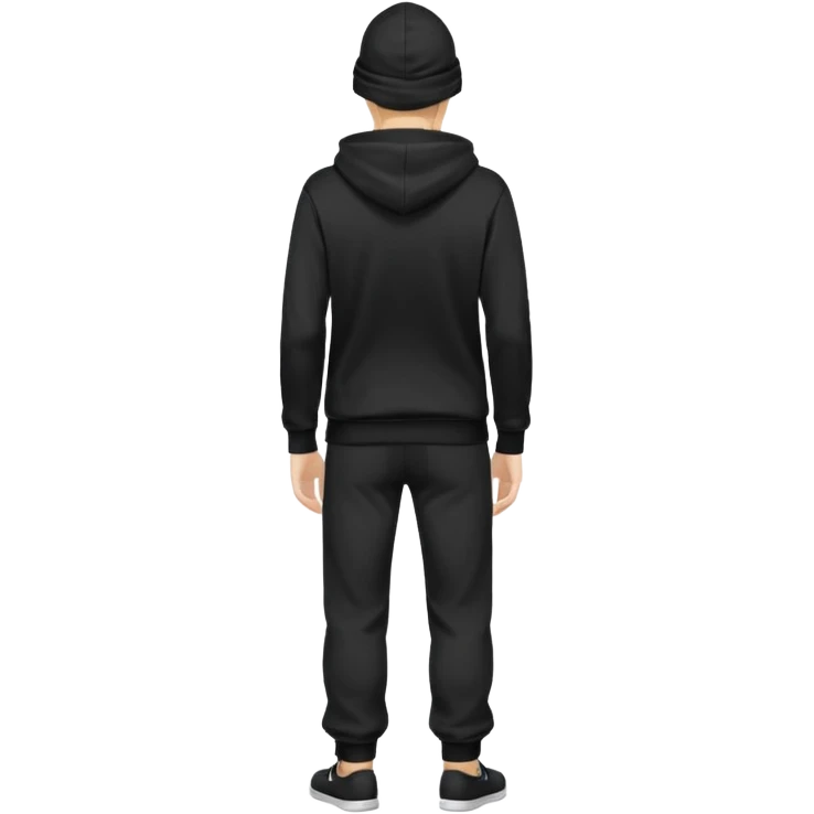 fullbody Mysterious shy caucasian man in black hoodie on head, hands in pockets and black pants rear backview emoji